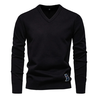 Classic V-neck men's sweater with subtle label detail