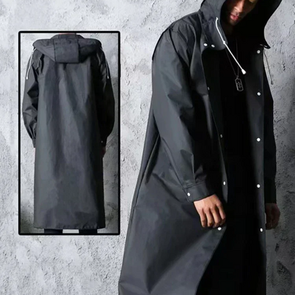 Men's long waterproof mackintosh with hood and press studs