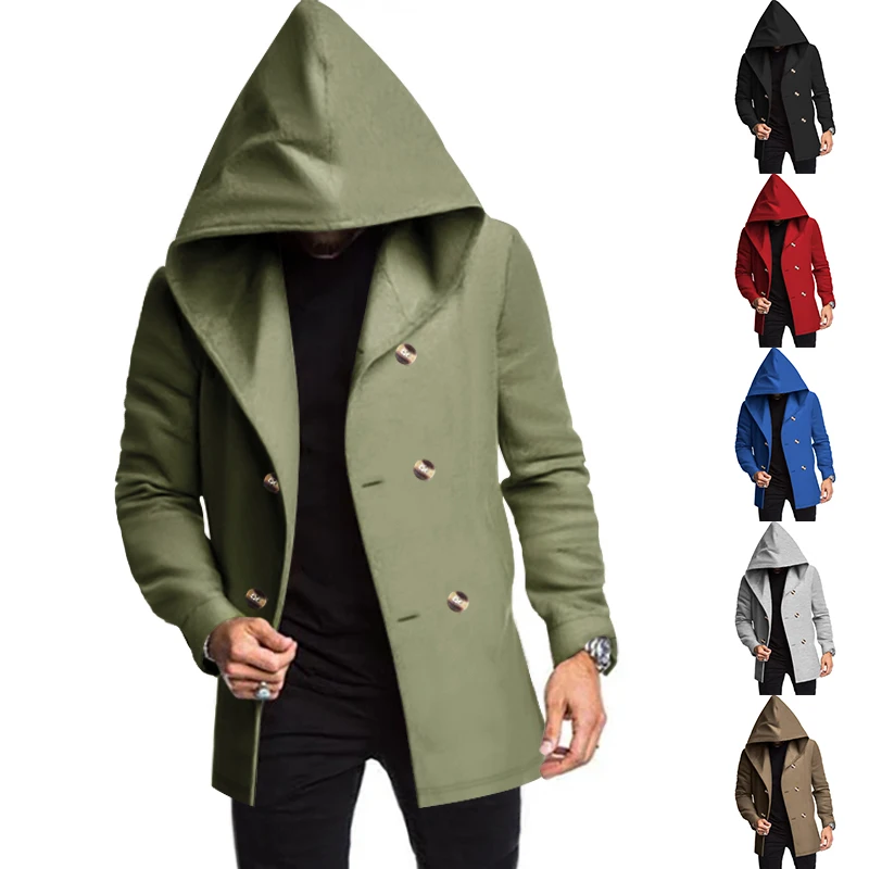 Modern men's coat - Double-buttoned coat with hood