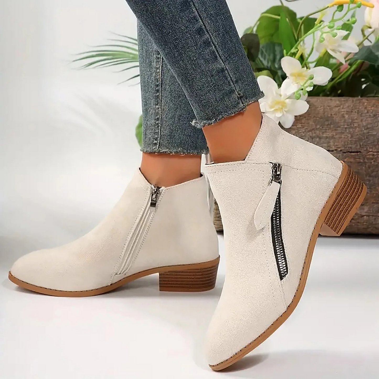 Women's Suede Ankle Boots with Zipper and Low Heel - Women's Ankle Boots