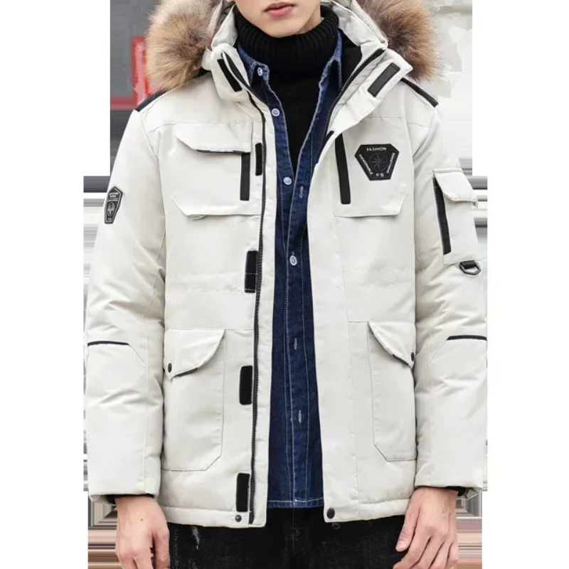 Men's parka winter jacket with fur hood and several pockets