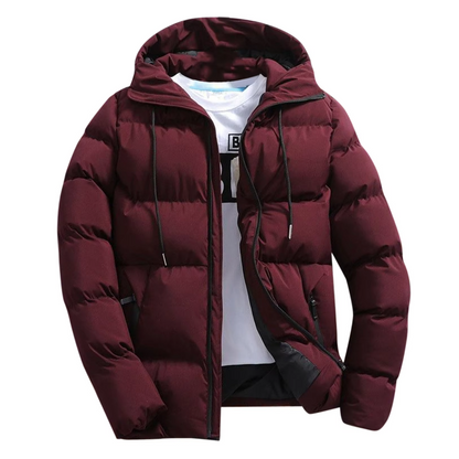 Men's puffer jacket with hood and zip front