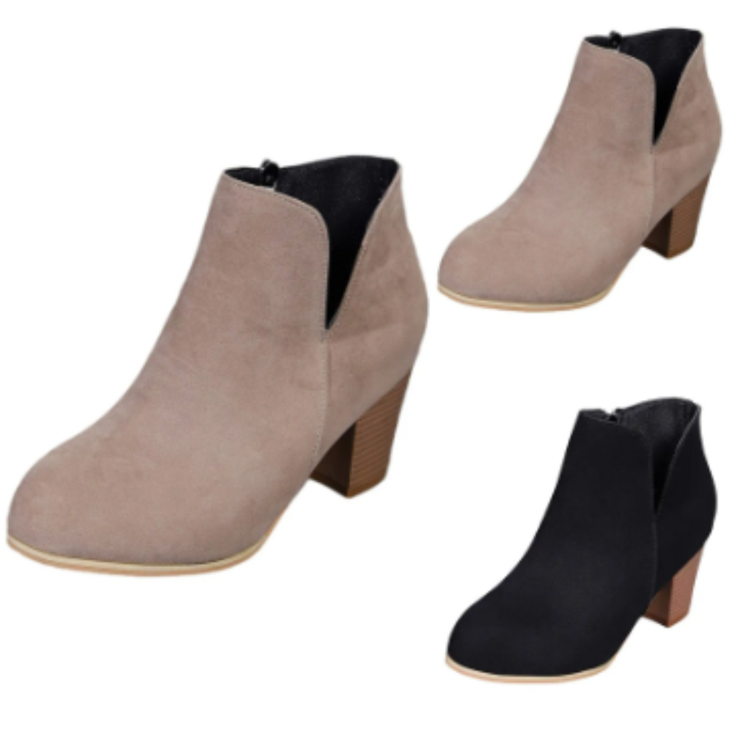 Ankle Boots with Block Heel, V-Snit and Side Zip - Women's Ankle Boots