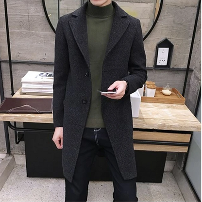 Elegant men's coat - slim-fit wool coat with lapel collar