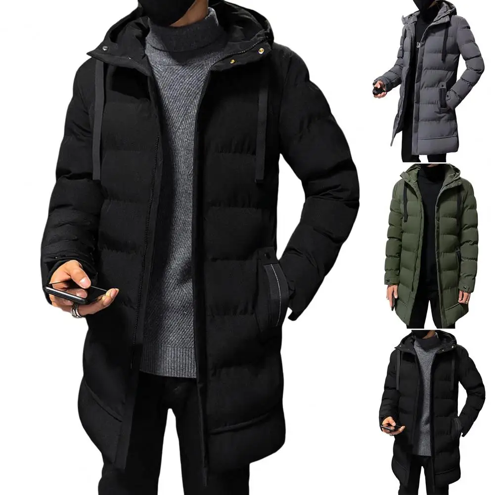 Men's long puffer jacket with large hood and zip pockets