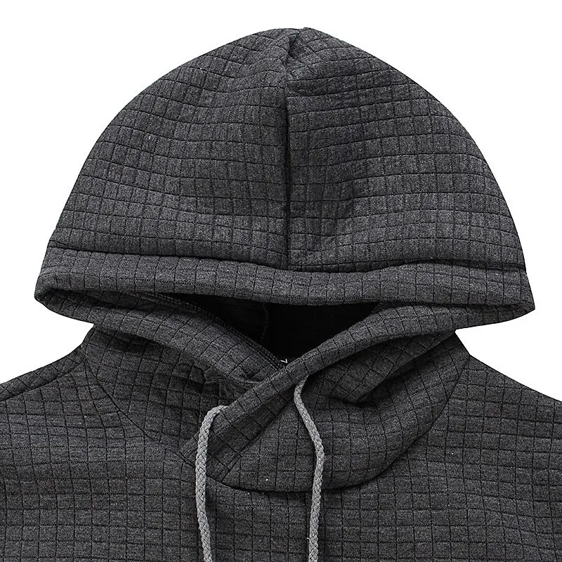 Men's sweater with hood, structured knitted jumper with drawstring