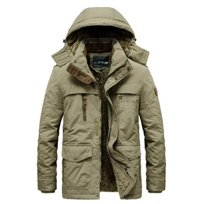 Robust parka jacket for men with detachable hood and pockets