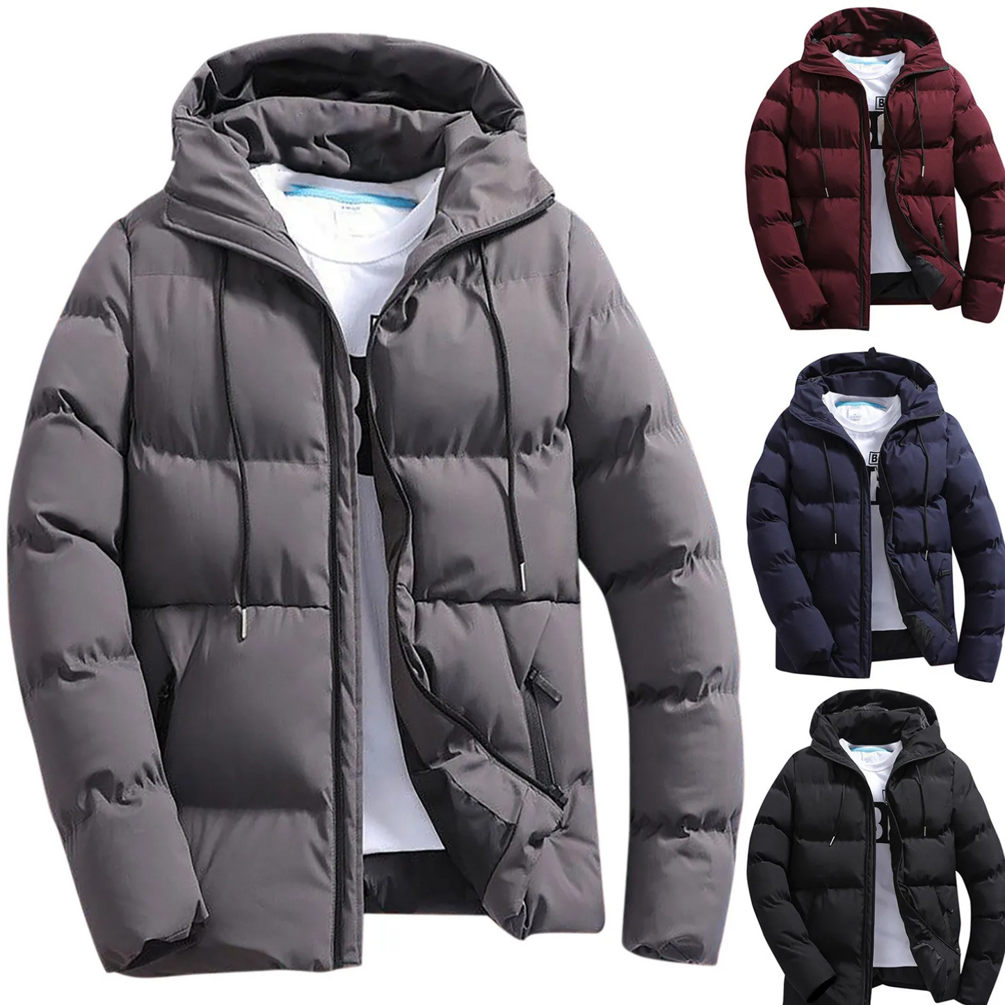 Men's puffer jacket with hood and zip pockets