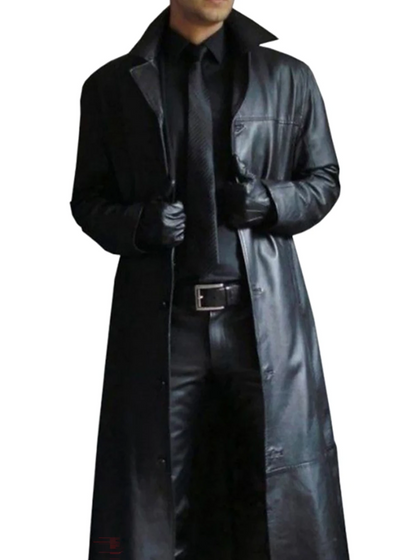 Modern men's coat - Long leather coat with classic lapels