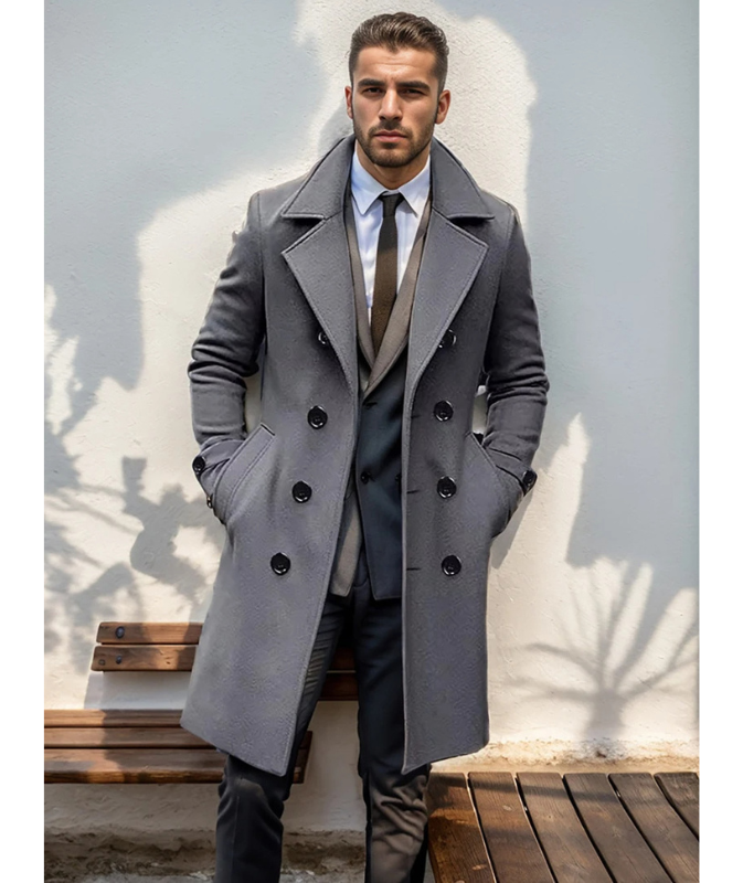 Elegant men's coat - Double-breasted winter coat with wide lapels