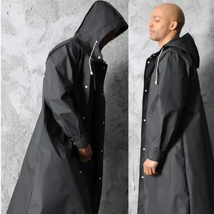 Men's long waterproof mackintosh with hood and press studs