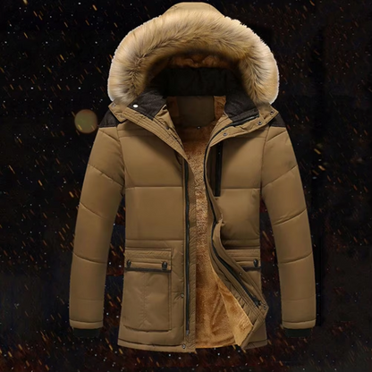 Men's puffer jacket with fur hood and warm lining