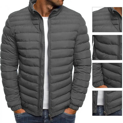 Men's puffer jacket with stand-up collar and front zip