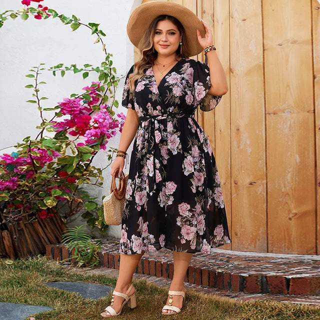 Women - Midi Dress - V-Neck Floral Print - Plus Size, Comfortable & Stylish for Any Occasion