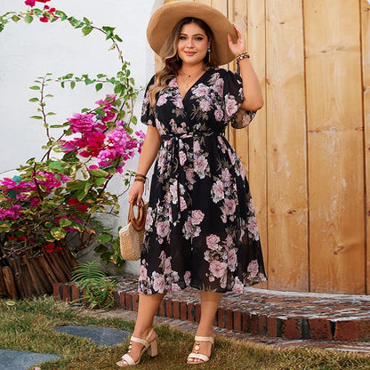 Women - Midi Dress - V-Neck Floral Print - Plus Size, Comfortable & Stylish for Any Occasion